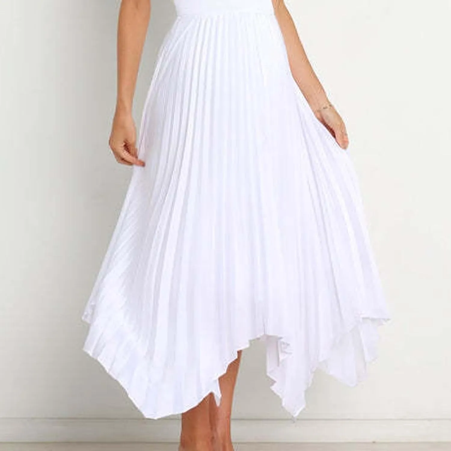 Pleated Skirts for Women Summer Casual Flowy Satin Asymmetrical Elastic High Waisted Cocktail Work A Line Midi Skirts