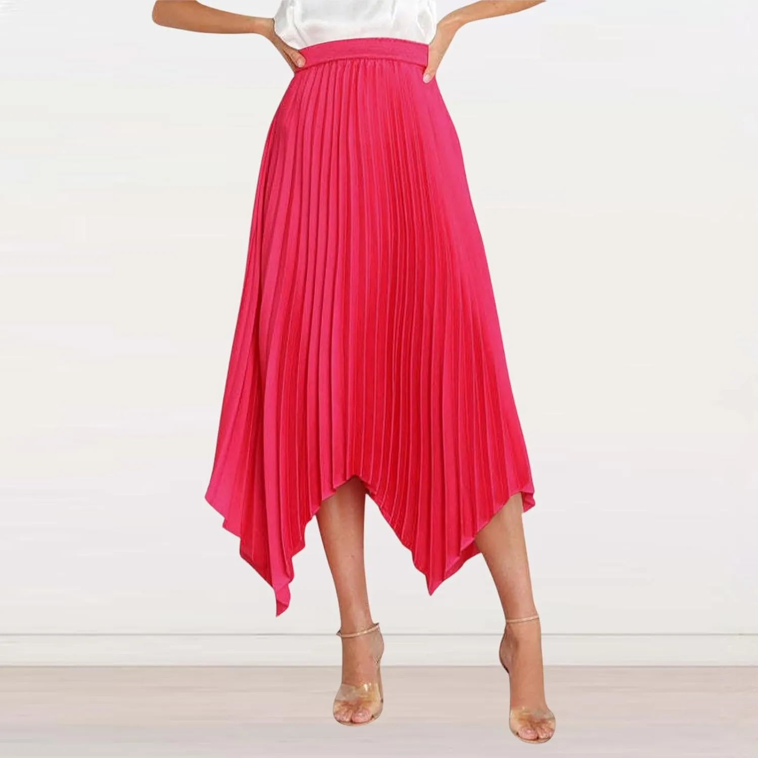 Pleated Skirts for Women Summer Casual Flowy Satin Asymmetrical Elastic High Waisted Cocktail Work A Line Midi Skirts