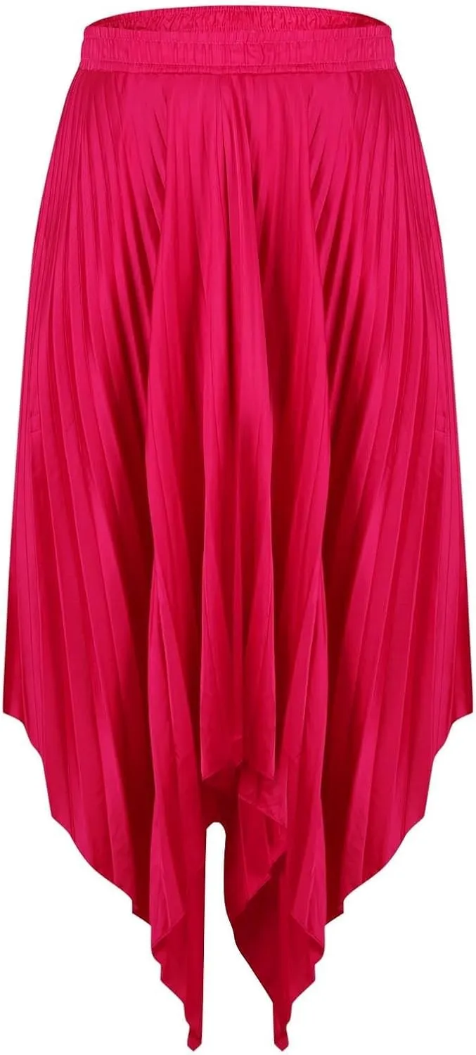 Pleated Skirts for Women Summer Casual Flowy Satin Asymmetrical Elastic High Waisted Cocktail Work A Line Midi Skirts