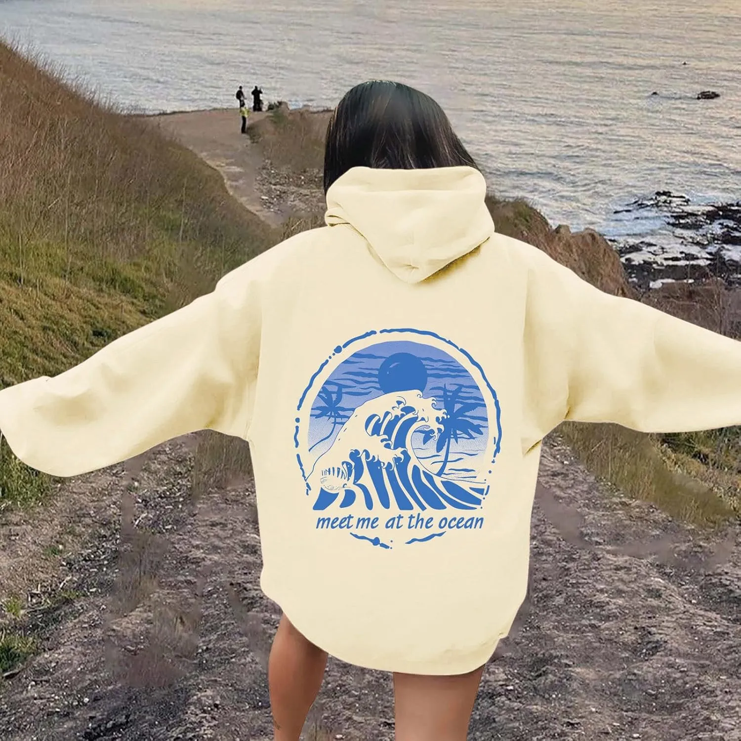 Puff Oversized Hoodies for Women, Teen Girls Preppy Sweatshirt Long Sleeve Y2K Graphic Ocean Pullover Top with Pocket
