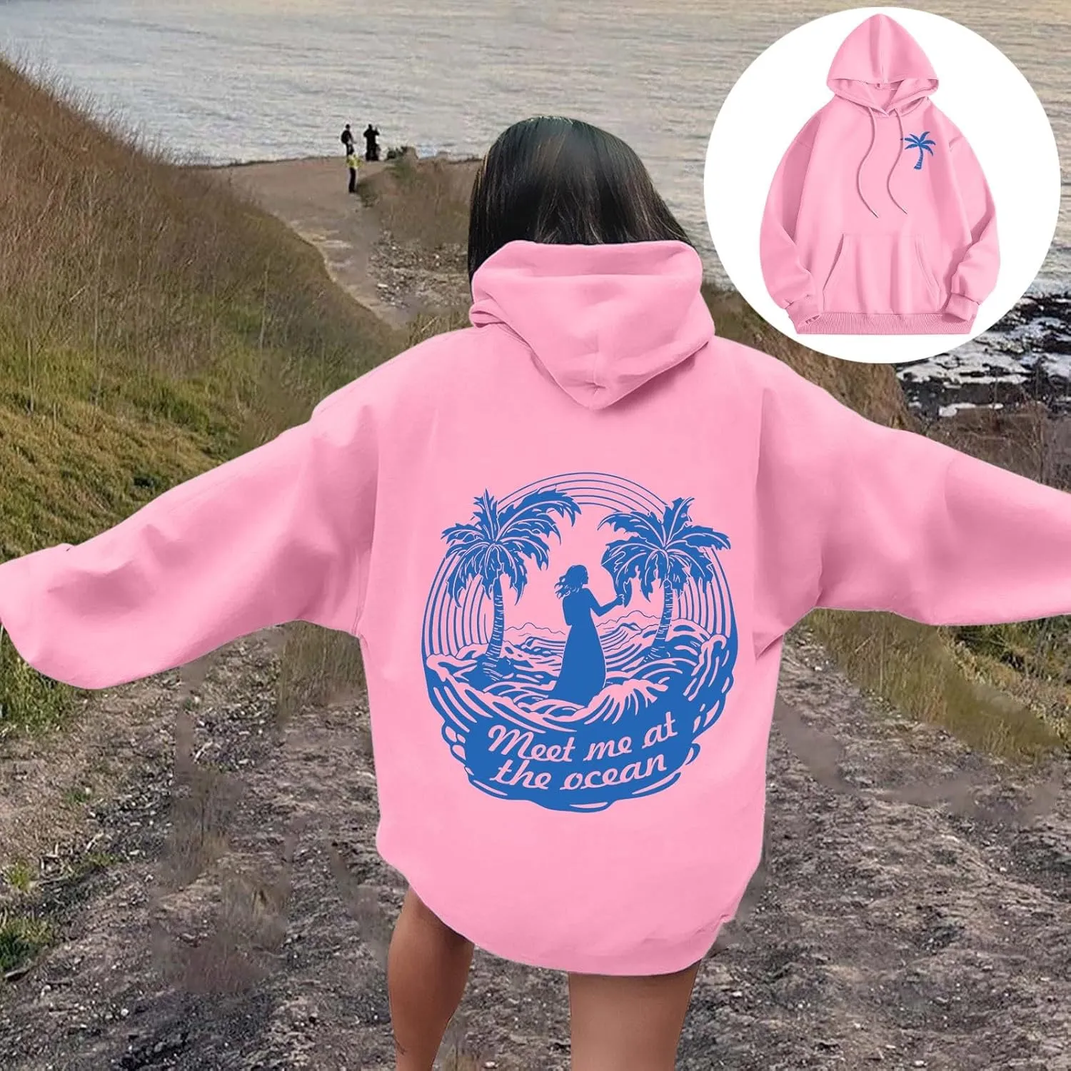 Puff Oversized Hoodies for Women, Teen Girls Preppy Sweatshirt Long Sleeve Y2K Graphic Ocean Pullover Top with Pocket
