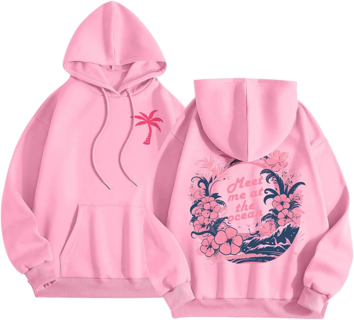 Puff Oversized Hoodies for Women, Teen Girls Preppy Sweatshirt Long Sleeve Y2K Graphic Ocean Pullover Top with Pocket