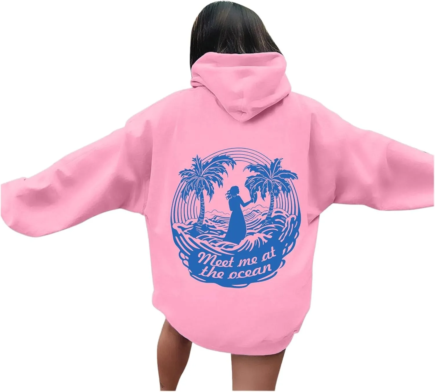 Puff Oversized Hoodies for Women, Teen Girls Preppy Sweatshirt Long Sleeve Y2K Graphic Ocean Pullover Top with Pocket