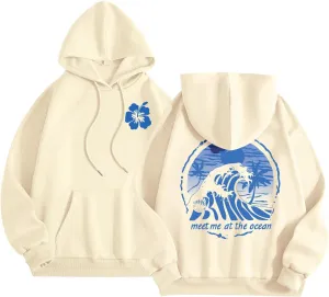 Puff Oversized Hoodies for Women, Teen Girls Preppy Sweatshirt Long Sleeve Y2K Graphic Ocean Pullover Top with Pocket