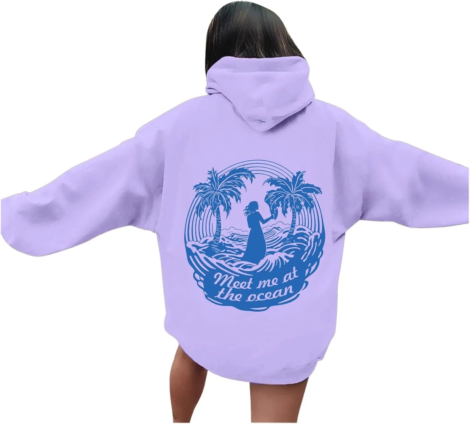 Puff Oversized Hoodies for Women, Teen Girls Preppy Sweatshirt Long Sleeve Y2K Graphic Ocean Pullover Top with Pocket