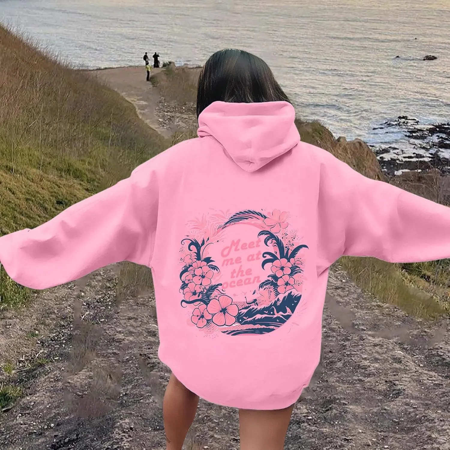 Puff Oversized Hoodies for Women, Teen Girls Preppy Sweatshirt Long Sleeve Y2K Graphic Ocean Pullover Top with Pocket