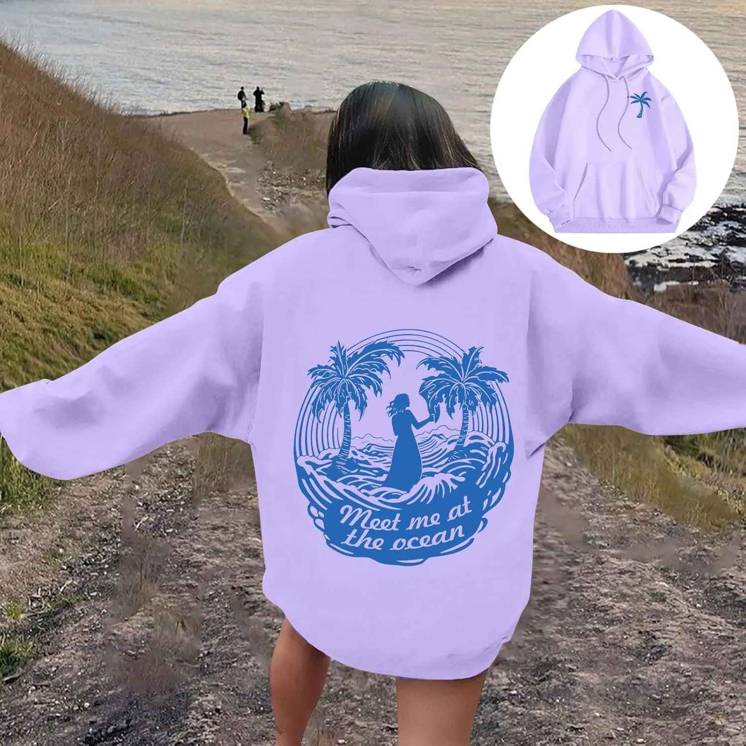Puff Oversized Hoodies for Women, Teen Girls Preppy Sweatshirt Long Sleeve Y2K Graphic Ocean Pullover Top with Pocket