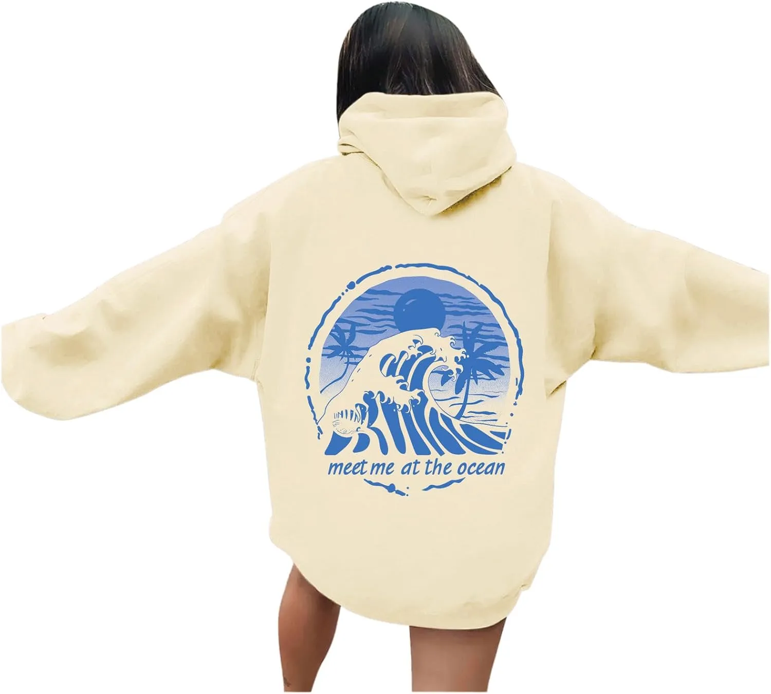Puff Oversized Hoodies for Women, Teen Girls Preppy Sweatshirt Long Sleeve Y2K Graphic Ocean Pullover Top with Pocket
