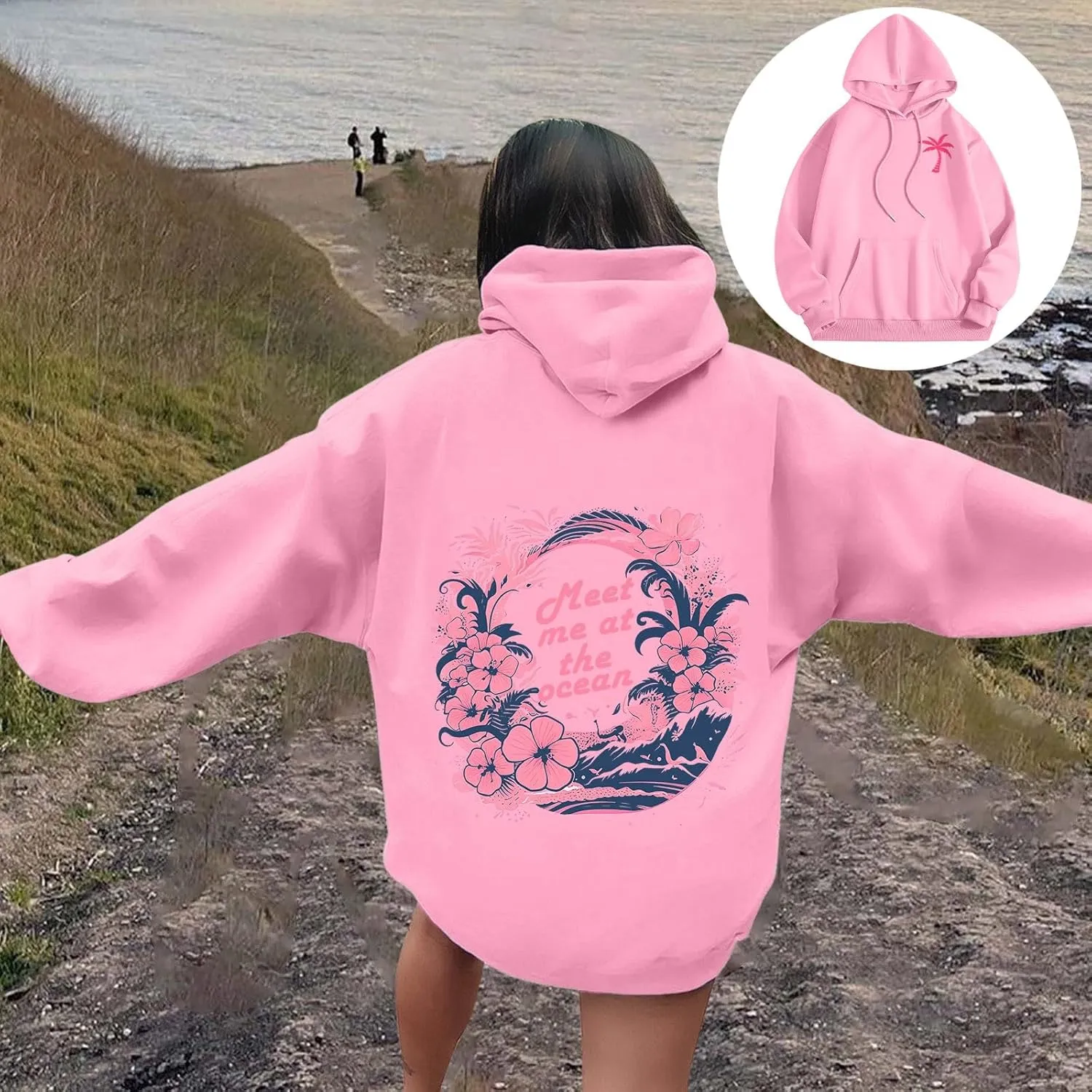 Puff Oversized Hoodies for Women, Teen Girls Preppy Sweatshirt Long Sleeve Y2K Graphic Ocean Pullover Top with Pocket