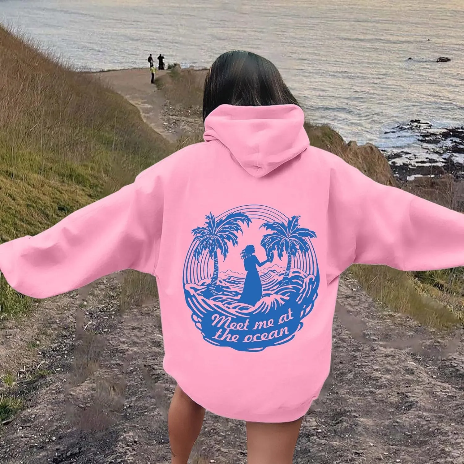 Puff Oversized Hoodies for Women, Teen Girls Preppy Sweatshirt Long Sleeve Y2K Graphic Ocean Pullover Top with Pocket