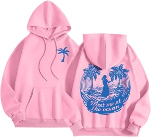 Puff Oversized Hoodies for Women, Teen Girls Preppy Sweatshirt Long Sleeve Y2K Graphic Ocean Pullover Top with Pocket