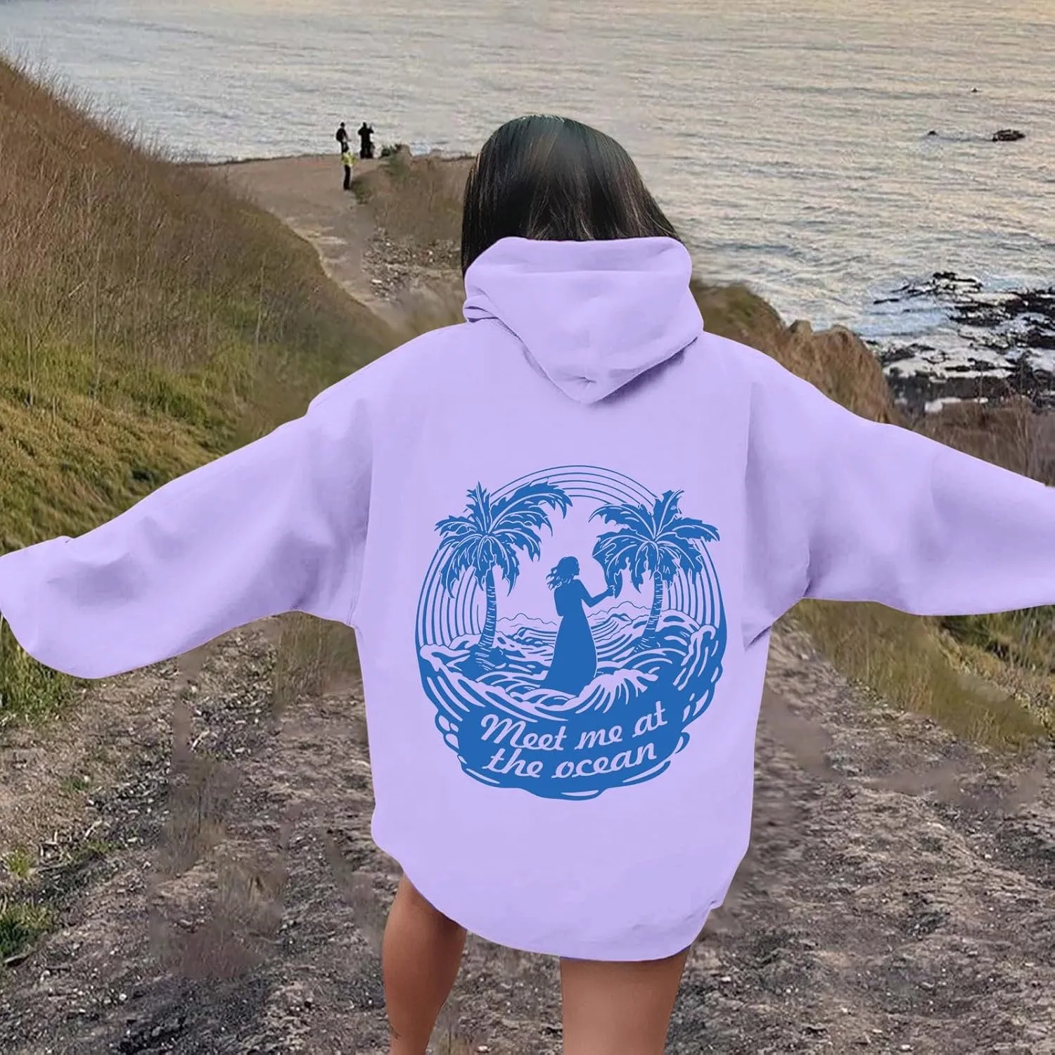 Puff Oversized Hoodies for Women, Teen Girls Preppy Sweatshirt Long Sleeve Y2K Graphic Ocean Pullover Top with Pocket
