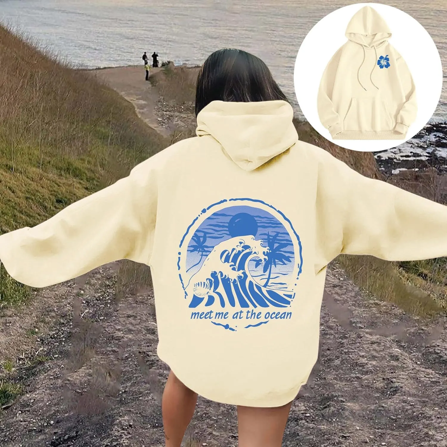 Puff Oversized Hoodies for Women, Teen Girls Preppy Sweatshirt Long Sleeve Y2K Graphic Ocean Pullover Top with Pocket