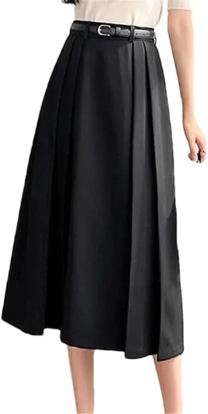 Pulcykp Women Suit Pleated Skirts Fall Solid High Waist A-Line Large Swing Skirts with Belt Long Skirt