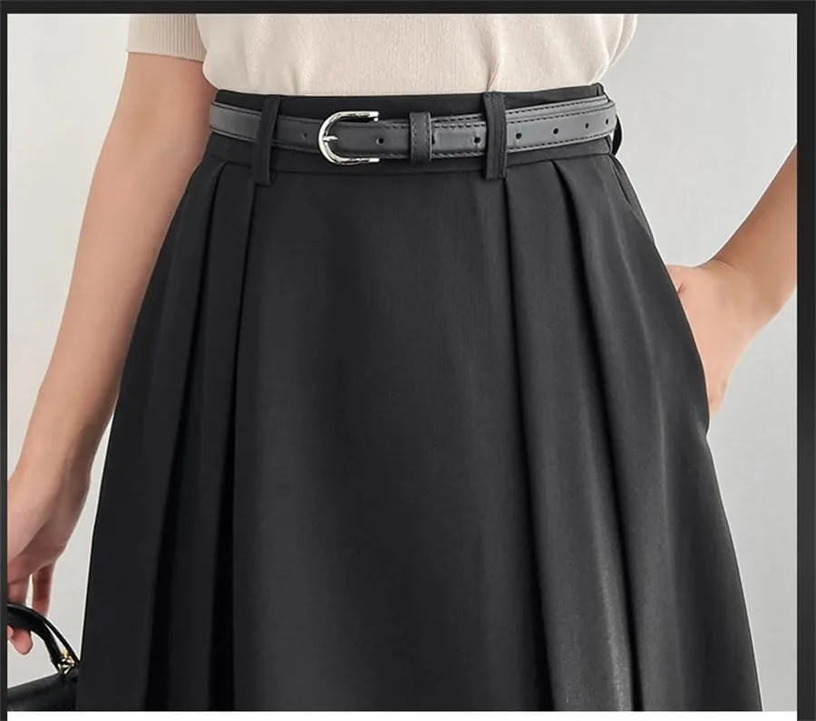 Pulcykp Women Suit Pleated Skirts Fall Solid High Waist A-Line Large Swing Skirts with Belt Long Skirt