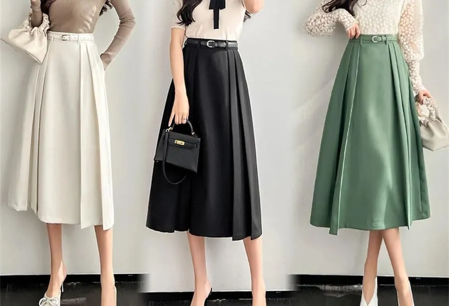 Pulcykp Women Suit Pleated Skirts Fall Solid High Waist A-Line Large Swing Skirts with Belt Long Skirt
