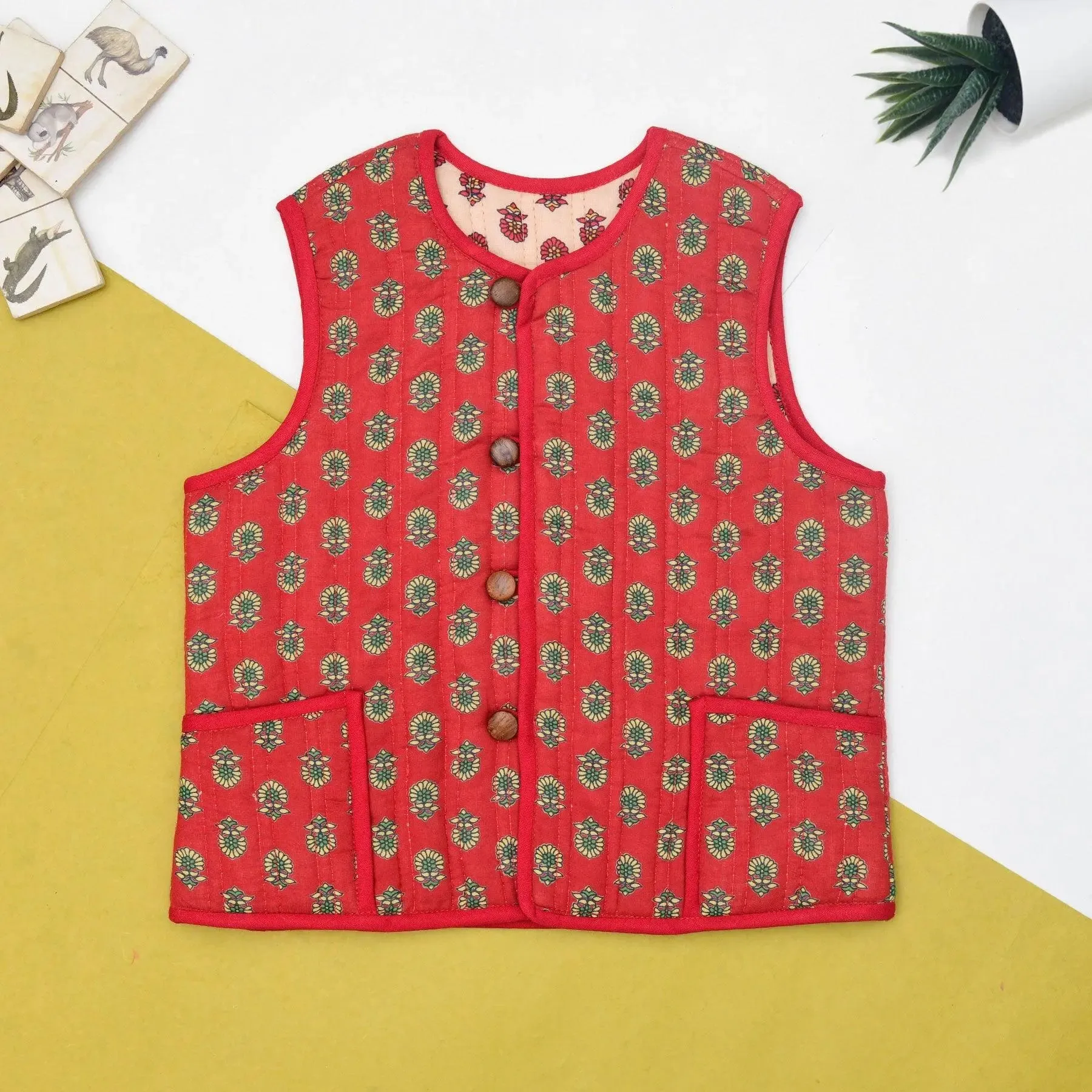 Red and Beige Quilted 100% Cotton Reversible Bundi Unisex (0-12 Years)