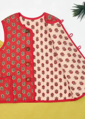 Red and Beige Quilted 100% Cotton Reversible Bundi Unisex (0-12 Years)
