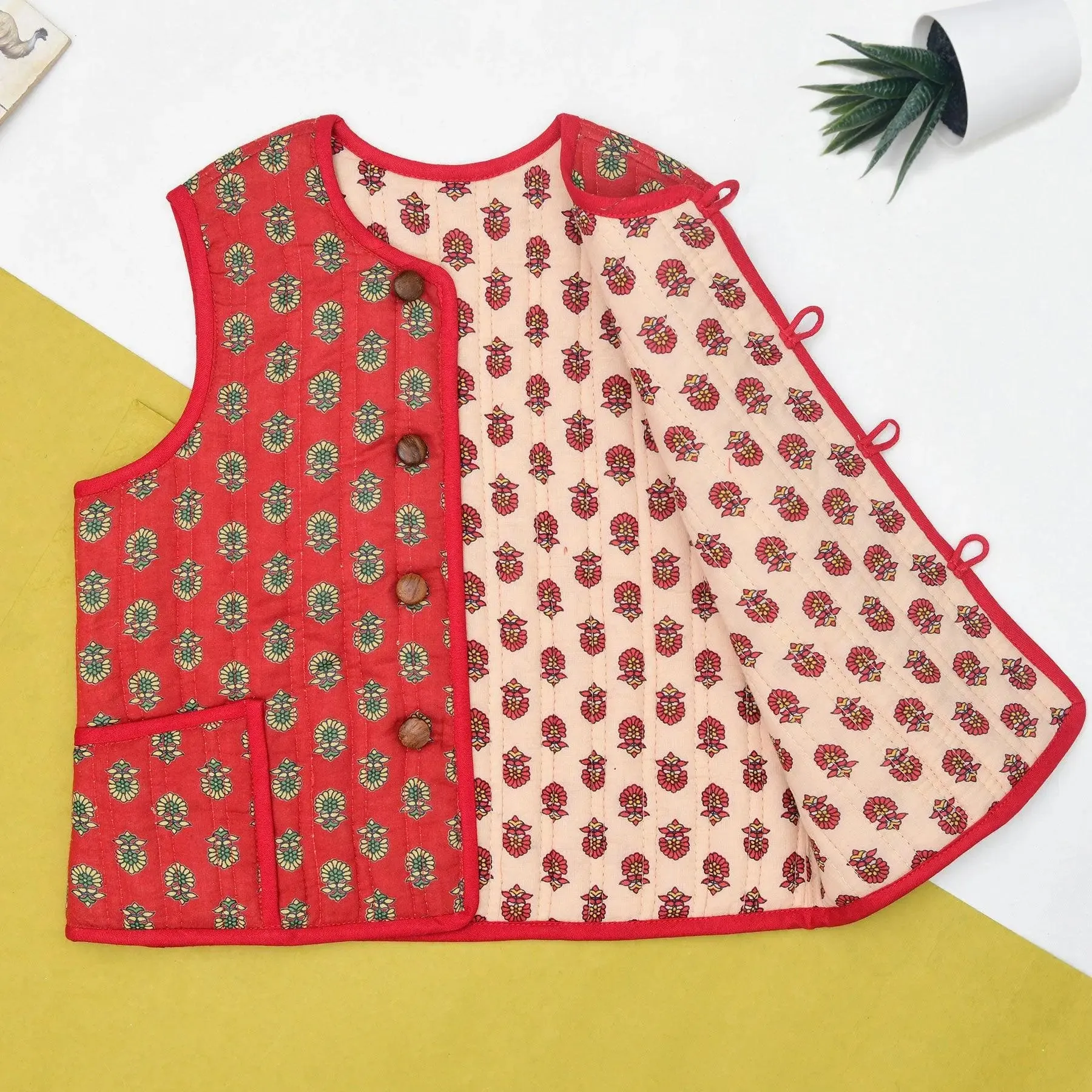 Red and Beige Quilted 100% Cotton Reversible Bundi Unisex (0-12 Years)
