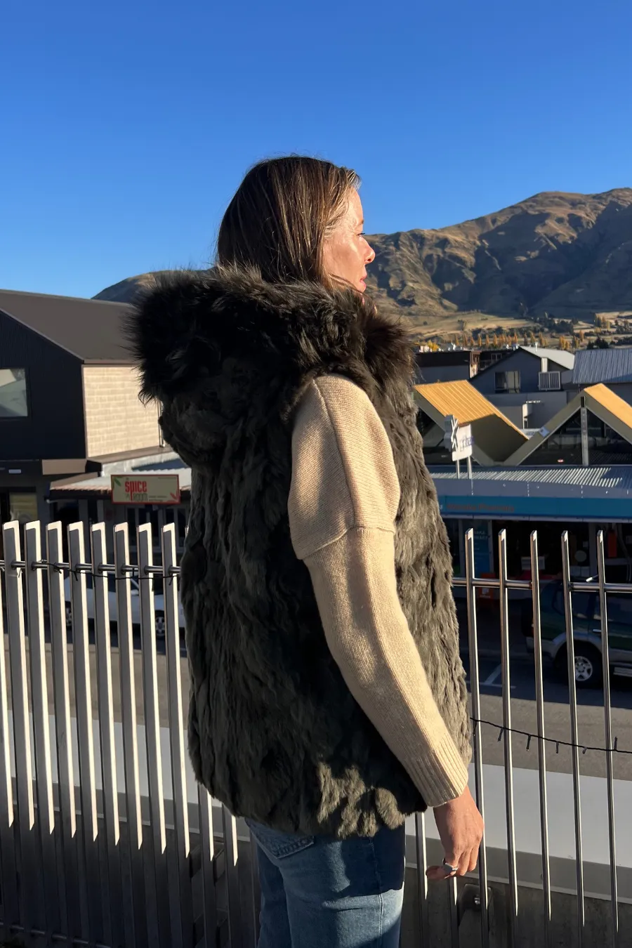 Reversible Rabbit Fur Vest Army