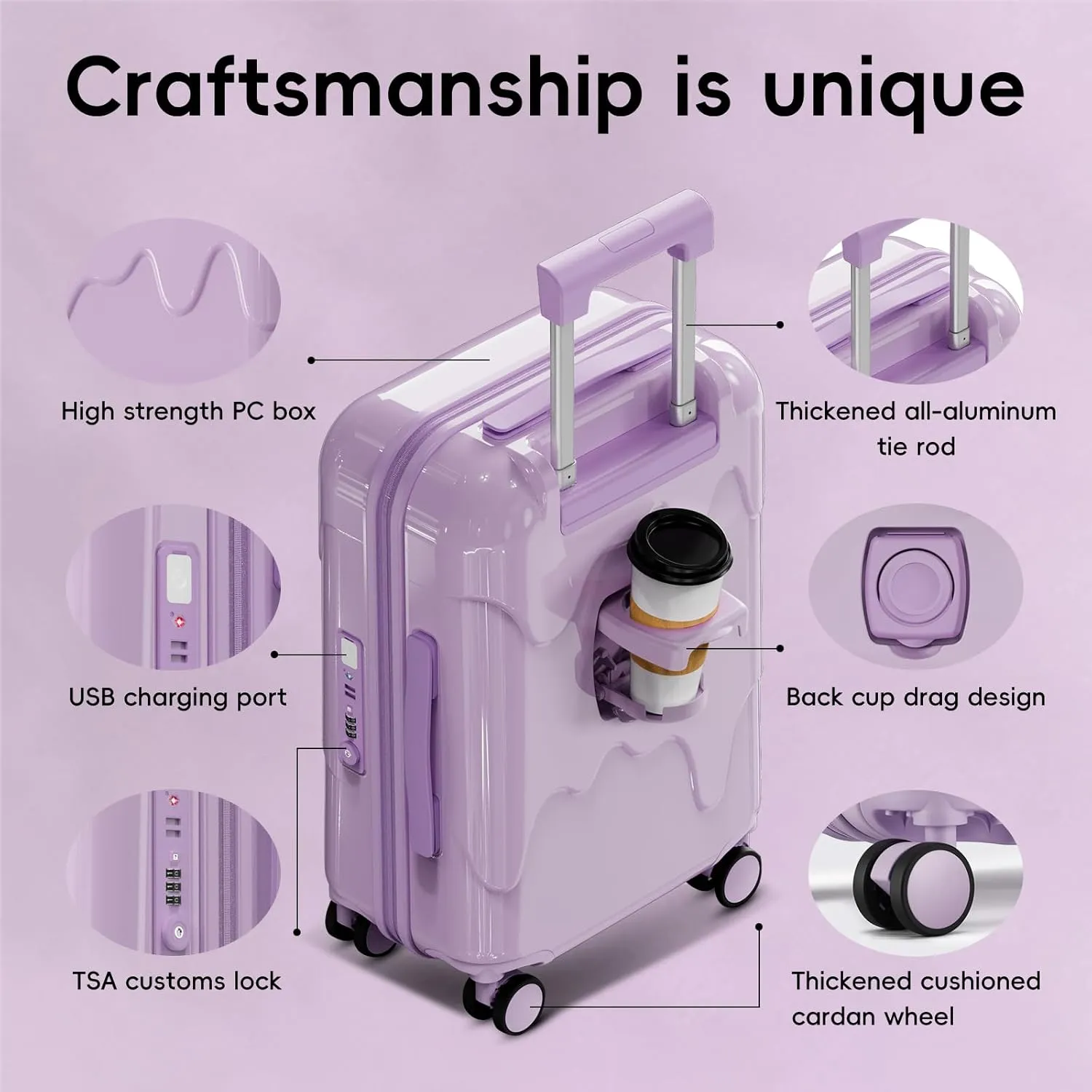 ROAMING 20-Inch Purple Carry On Luggage Airline Approved Lightweight PC Hardside Rolling Suitcase with TSA Lock Cup Holder USB Charging Port and Spinner Wheels for Women Ice cream suitcase
