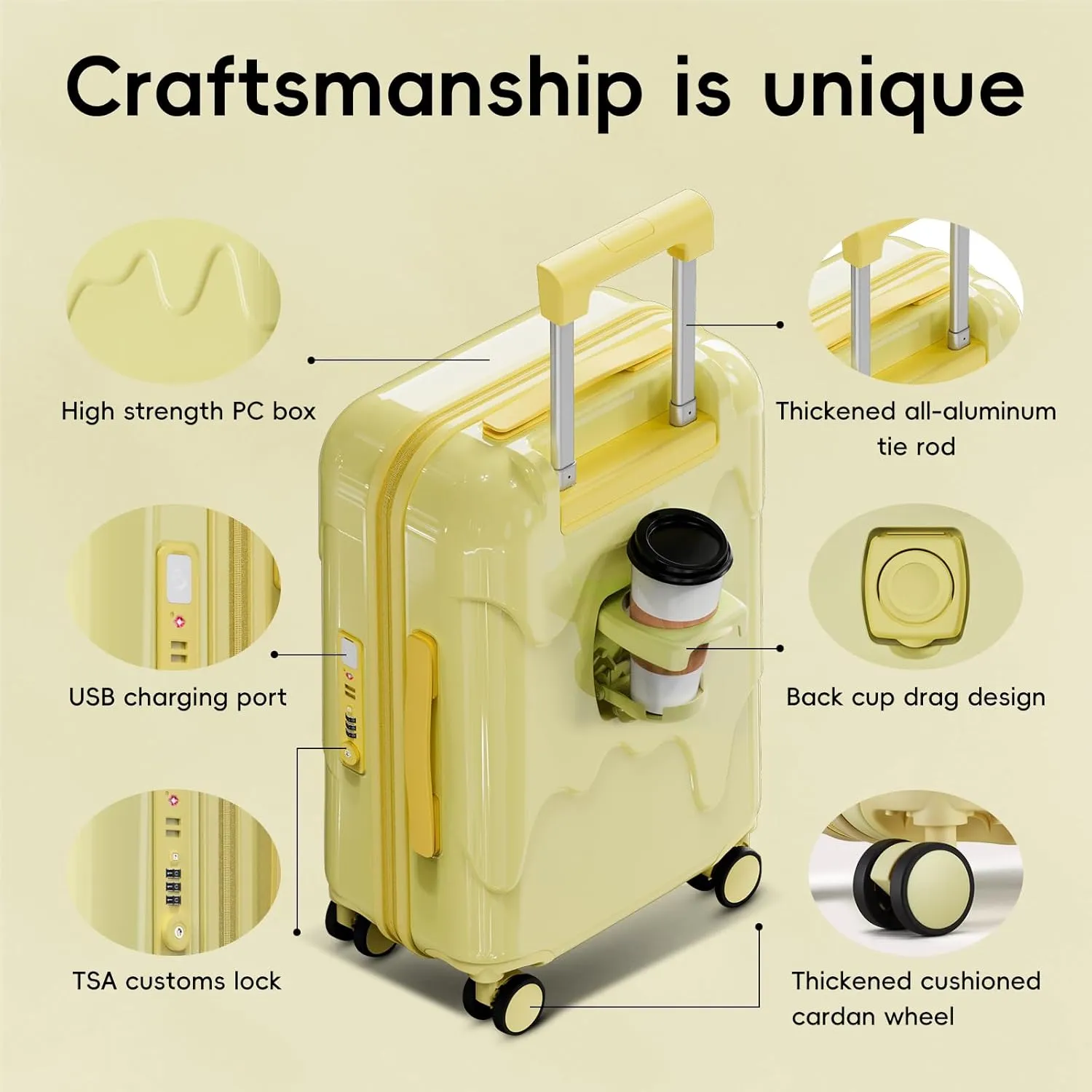 ROAMING 24 Inch PC Hard Sided Checked Luggage with TSA Lock Cup Holder USB Charging Port and Spinner Wheels Lightweight Durable Ice Cream Travel Suitcase for Women Cheese yellow