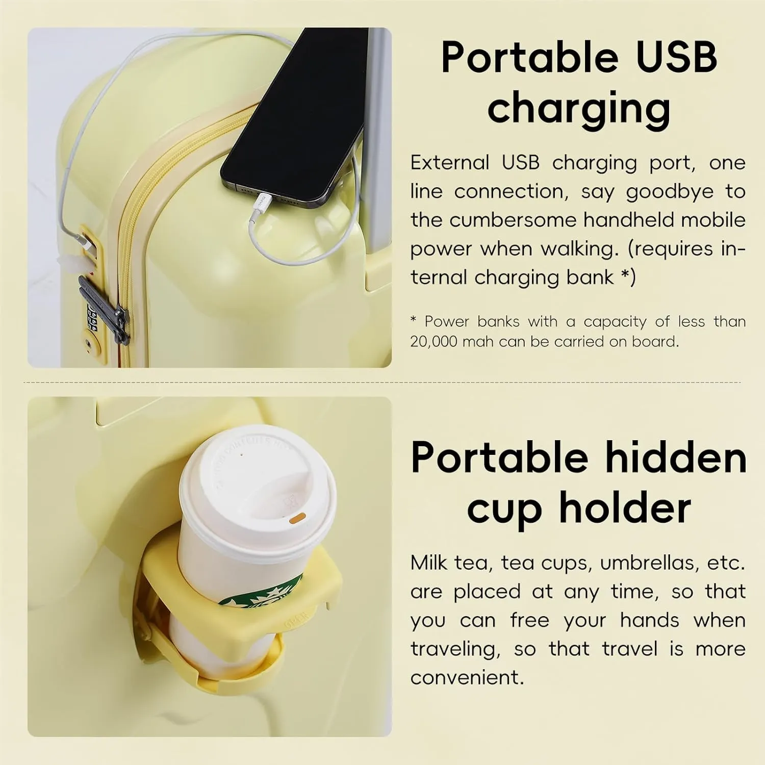 ROAMING 24 Inch PC Hard Sided Checked Luggage with TSA Lock Cup Holder USB Charging Port and Spinner Wheels Lightweight Durable Ice Cream Travel Suitcase for Women Cheese yellow