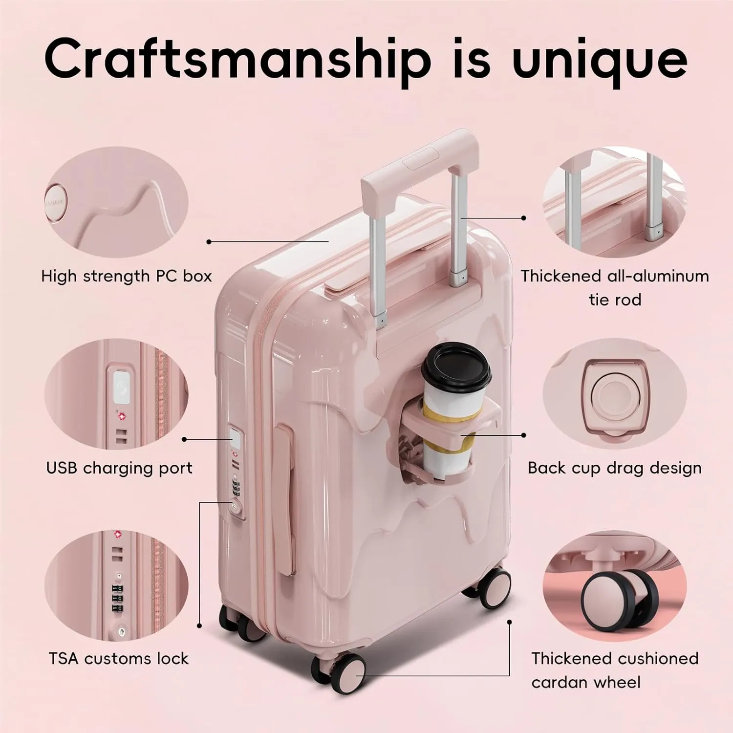 ROAMING 24 Inch PC Hard Sided Pink Checked Luggage with TSA Lock Cup Holder USB Charging Port and Spinner Wheels Lightweight Durable Ice Cream Travel Suitcase for Women Melt into Journeys