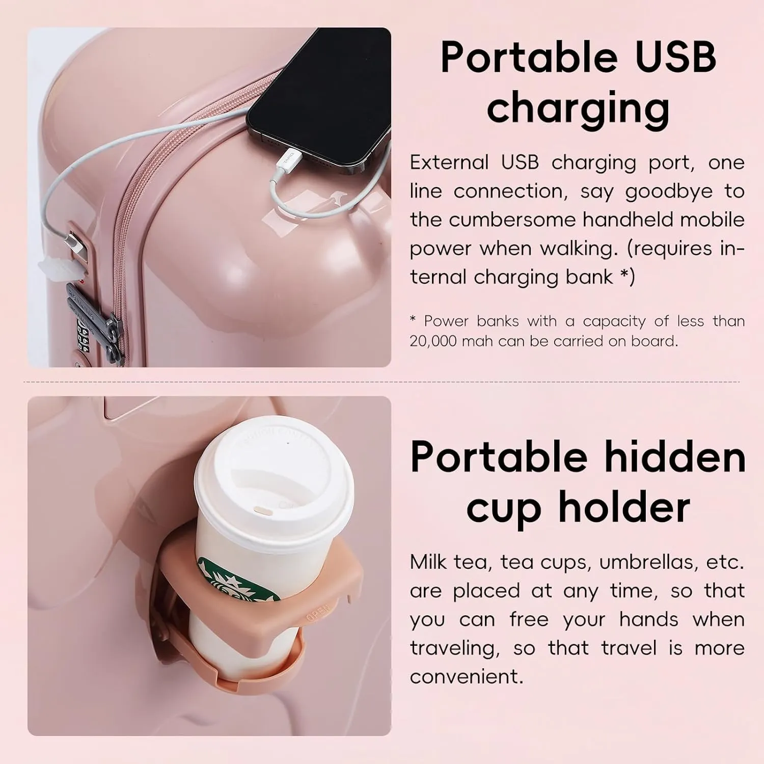 ROAMING 24 Inch PC Hard Sided Pink Checked Luggage with TSA Lock Cup Holder USB Charging Port and Spinner Wheels Lightweight Durable Ice Cream Travel Suitcase for Women Melt into Journeys