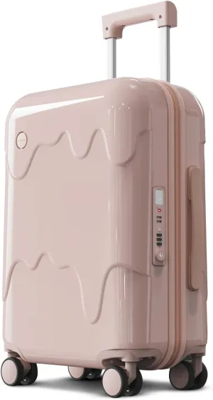 ROAMING 24 Inch PC Hard Sided Pink Checked Luggage with TSA Lock Cup Holder USB Charging Port and Spinner Wheels Lightweight Durable Ice Cream Travel Suitcase for Women Melt into Journeys