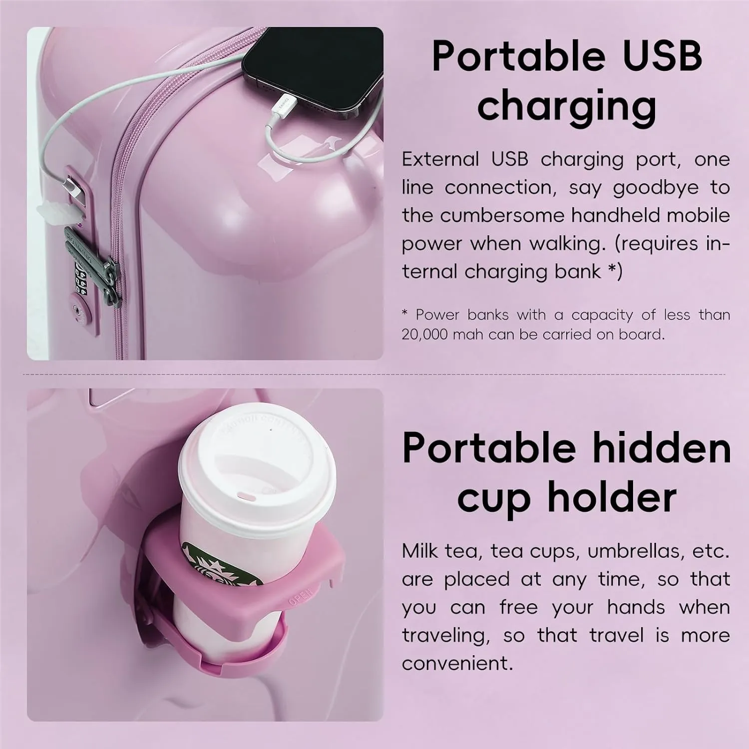 ROAMING 24 Inch Purple PC Hard Sided Checked Luggage with TSA Lock Cup Holder USB Charging Port and Spinner Wheels Lightweight Durable Ice Cream Travel Suitcase for Women Melt into Journeys
