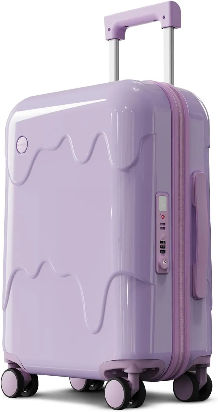 ROAMING 24 Inch Purple PC Hard Sided Checked Luggage with TSA Lock Cup Holder USB Charging Port and Spinner Wheels Lightweight Durable Ice Cream Travel Suitcase for Women Melt into Journeys