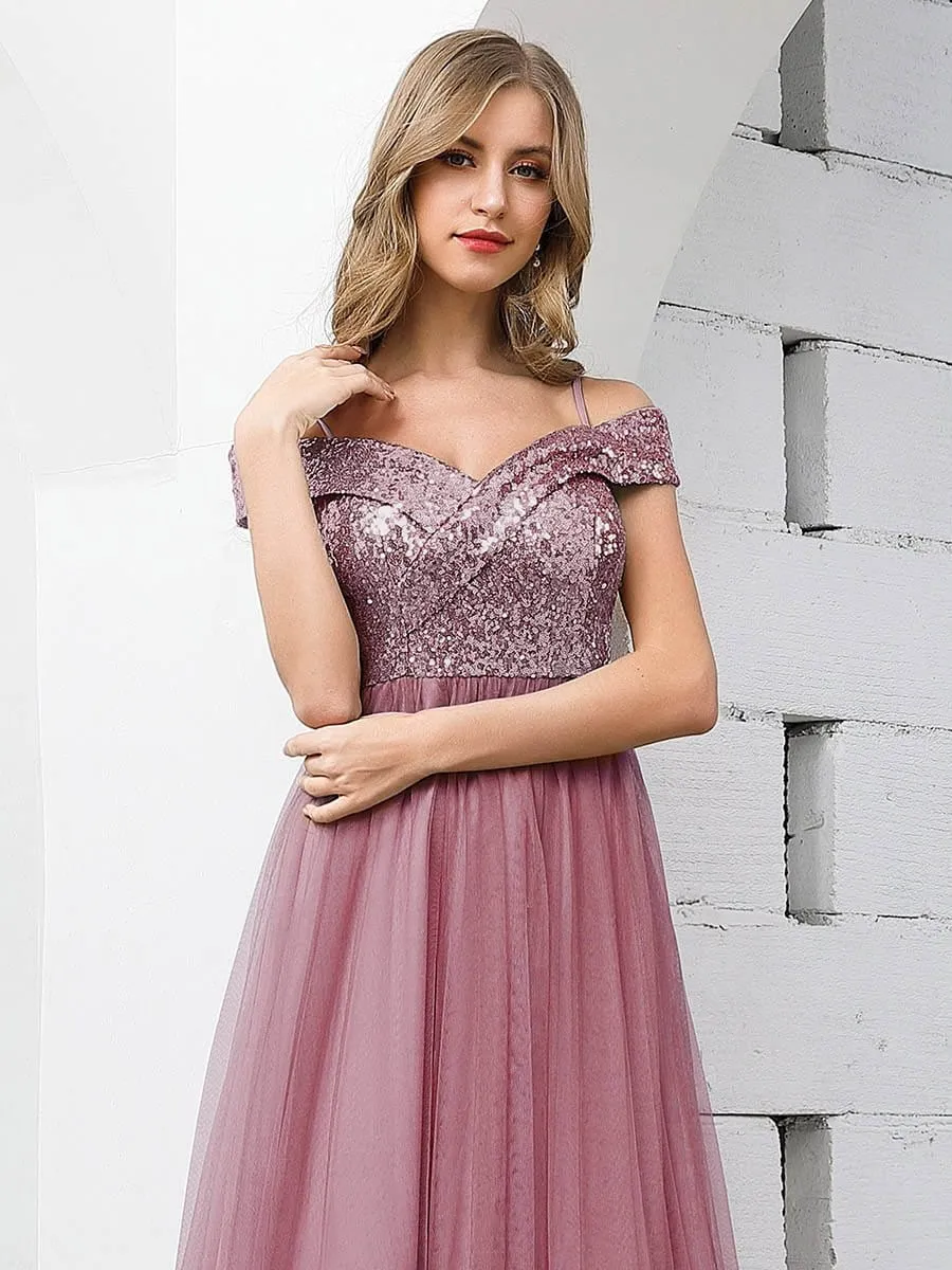 Romantic Off Shoulder Tulle and Sequin Bridesmaid Dress with Strap