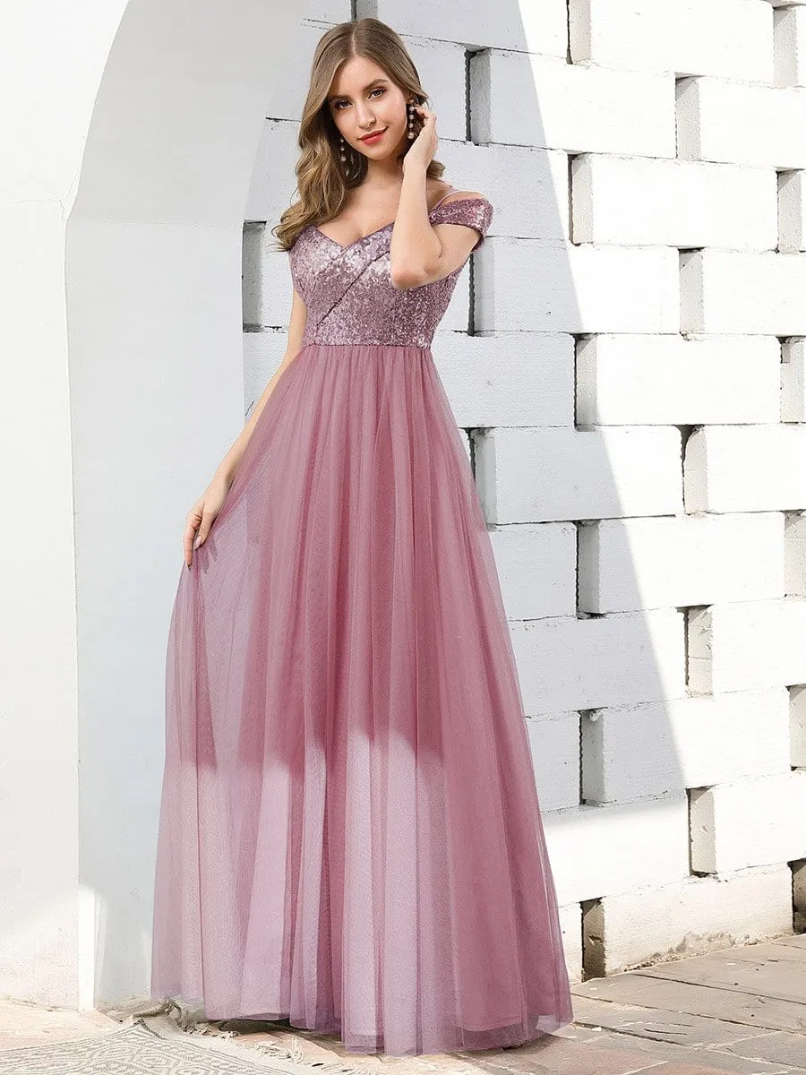 Romantic Off Shoulder Tulle and Sequin Bridesmaid Dress with Strap