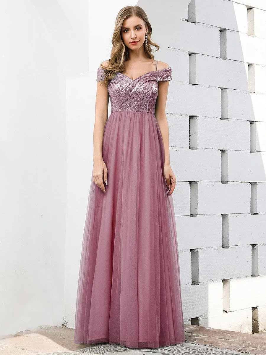 Romantic Off Shoulder Tulle and Sequin Bridesmaid Dress with Strap
