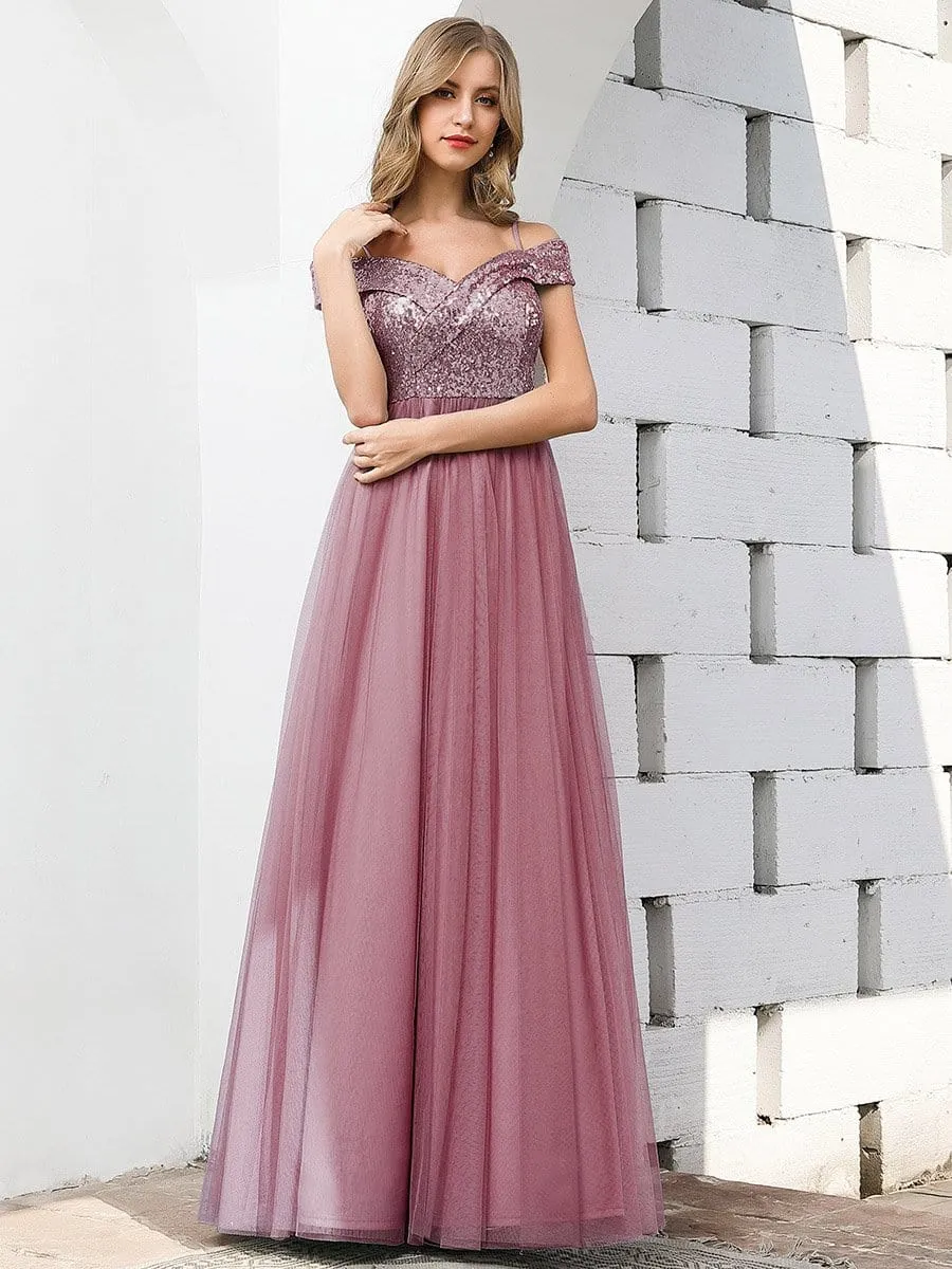 Romantic Off Shoulder Tulle and Sequin Bridesmaid Dress with Strap