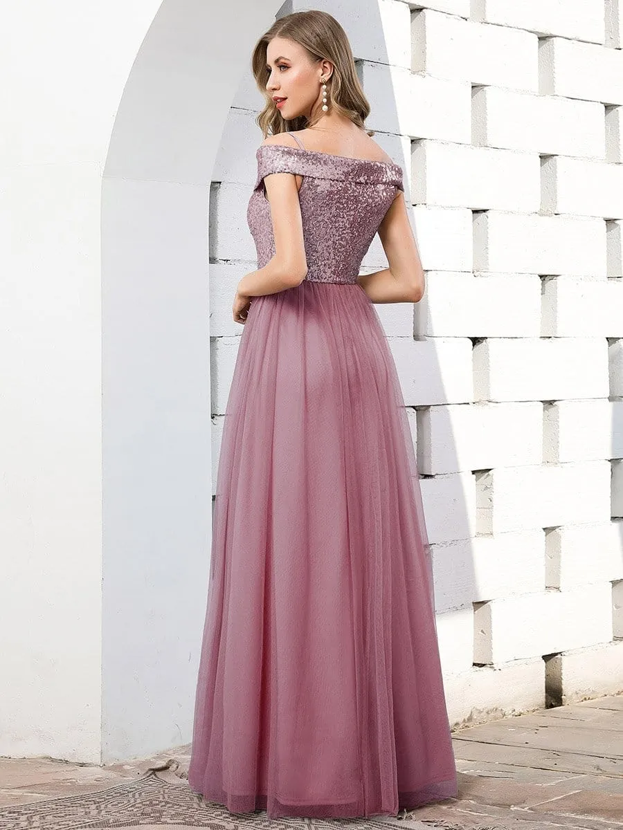 Romantic Off Shoulder Tulle and Sequin Bridesmaid Dress with Strap