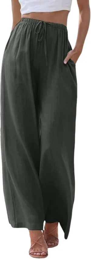 sdbrld Pantalones De Lino De Las Mujeres Linen Wide Leg Pants for Women Shorts Linen Pants Women Summer,Womens Linen Pants with Pockets High Waist Adjustable Knot Casual Trousers (Z41-GY2, L)