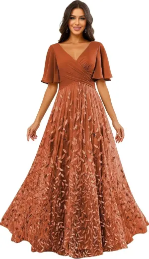 Sequin Prom Dress 2025 Long Tulle Lace Short Sleeve Formal Evening Gown for Women A Line V Neck Bridesmaid Dresses