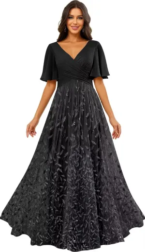Sequin Prom Dress 2025 Long Tulle Lace Short Sleeve Formal Evening Gown for Women A Line V Neck Bridesmaid Dresses