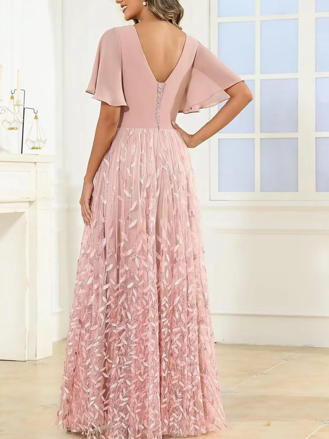 Sequin Prom Dress 2025 Long Tulle Lace Short Sleeve Formal Evening Gown for Women A Line V Neck Bridesmaid Dresses
