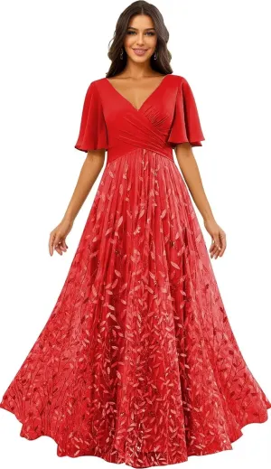 Sequin Prom Dress 2025 Long Tulle Lace Short Sleeve Formal Evening Gown for Women A Line V Neck Bridesmaid Dresses