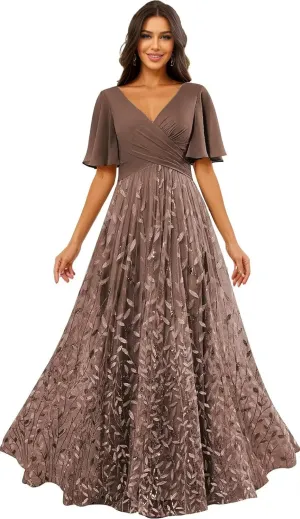 Sequin Prom Dress 2025 Long Tulle Lace Short Sleeve Formal Evening Gown for Women A Line V Neck Bridesmaid Dresses