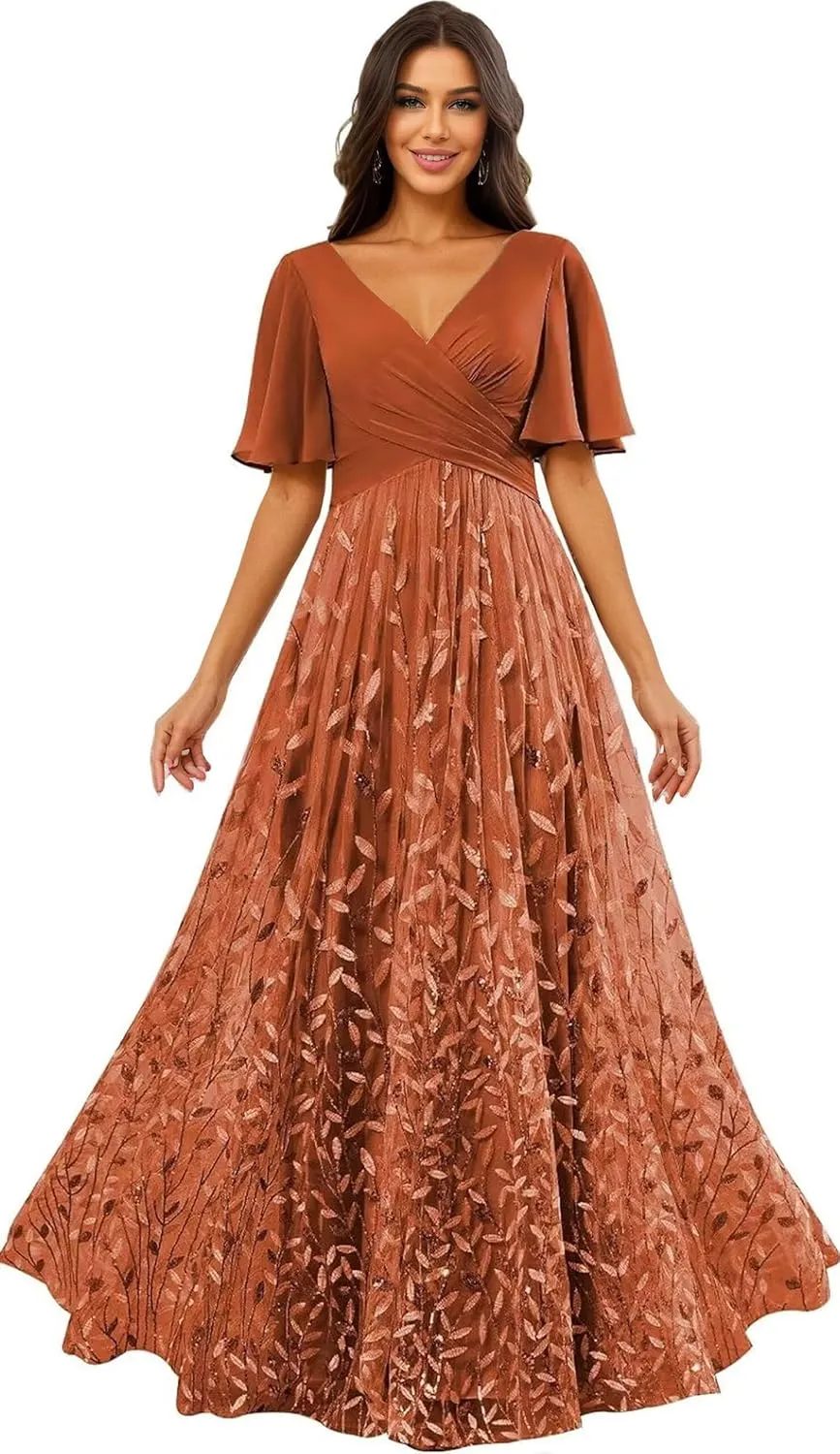 Sequin Prom Dress 2025 Long Tulle Lace Short Sleeve Formal Evening Gown for Women A Line V Neck Bridesmaid Dresses