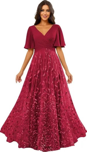 Sequin Prom Dress 2025 Long Tulle Lace Short Sleeve Formal Evening Gown for Women A Line V Neck Bridesmaid Dresses