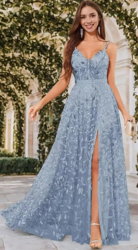 Sequin Prom Dresses for Women 2025 Long Tulle Lace Emboridery Formal Evening Gown with Slit A Line V Neck Bridal Gown