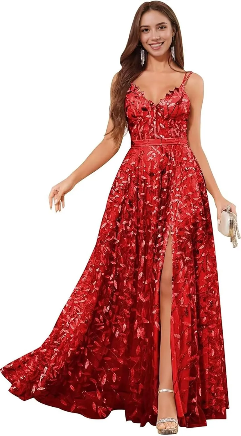 Sequin Prom Dresses for Women 2025 Long Tulle Lace Emboridery Formal Evening Gown with Slit A Line V Neck Bridal Gown