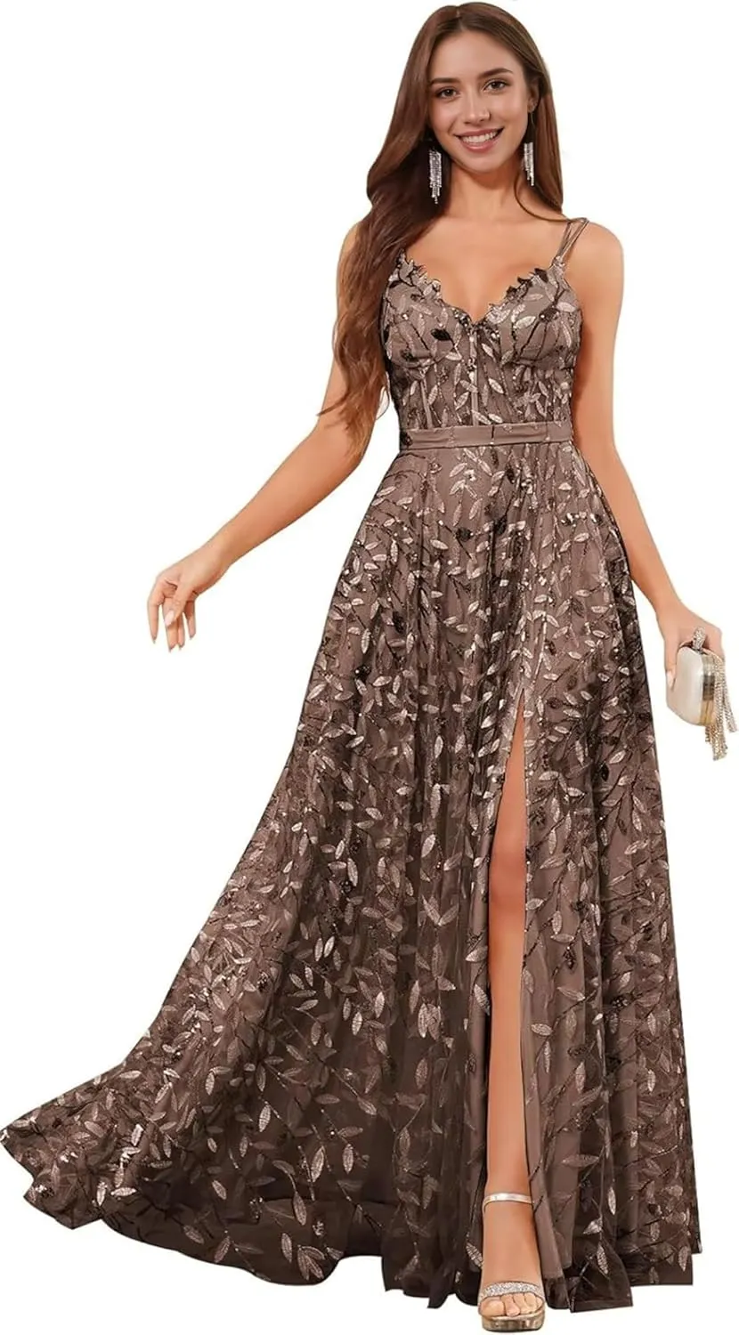 Sequin Prom Dresses for Women 2025 Long Tulle Lace Emboridery Formal Evening Gown with Slit A Line V Neck Bridal Gown