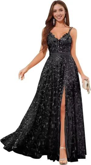 Sequin Prom Dresses for Women 2025 Long Tulle Lace Emboridery Formal Evening Gown with Slit A Line V Neck Bridal Gown