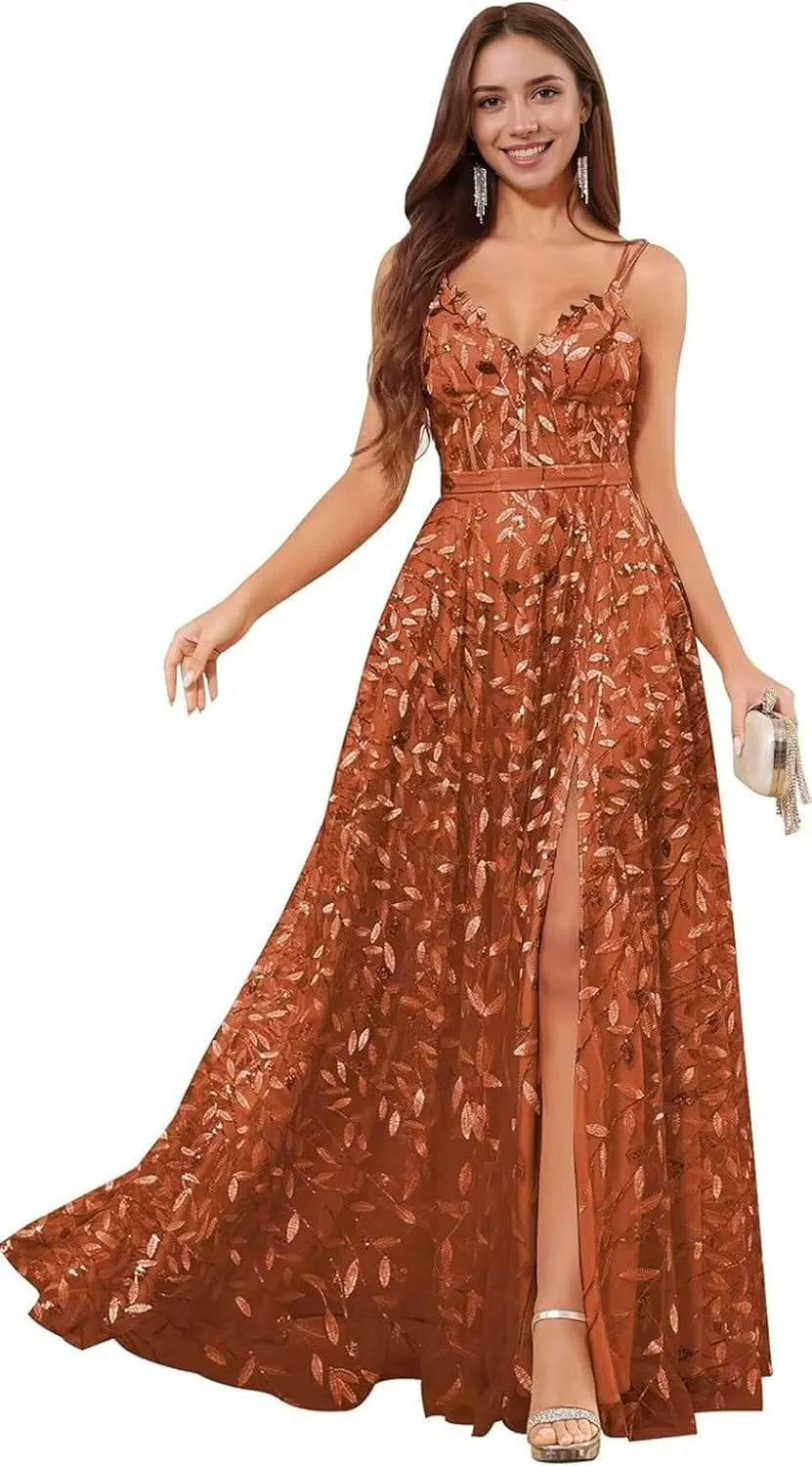 Sequin Prom Dresses for Women 2025 Long Tulle Lace Emboridery Formal Evening Gown with Slit A Line V Neck Bridal Gown